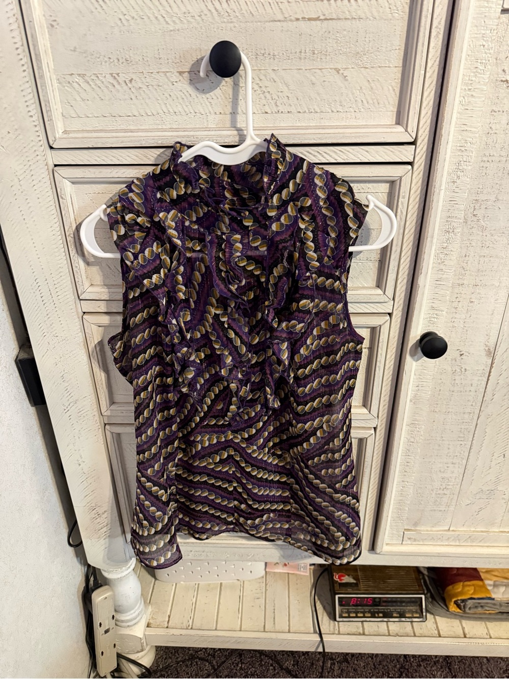 XOXO Purple and Gold Sleeveless Ruffle-Neck Blouse